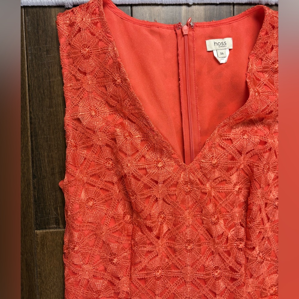 size S Orange Lace Dress Full Length Sleeveless Halter V Neck Fitted - Picture 4 of 13
